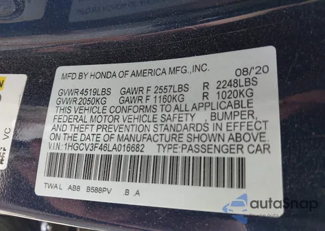 2020 Honda Accord Hybrid Ex from USA, damaged, VIN 1HGCV3F46LA016682